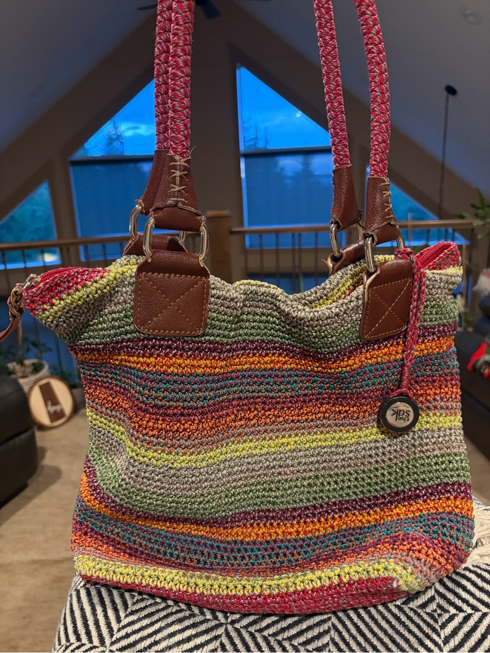 The Sak Vintage Multi-Color Crochet Striped Shoulder Bag Boho Tote
